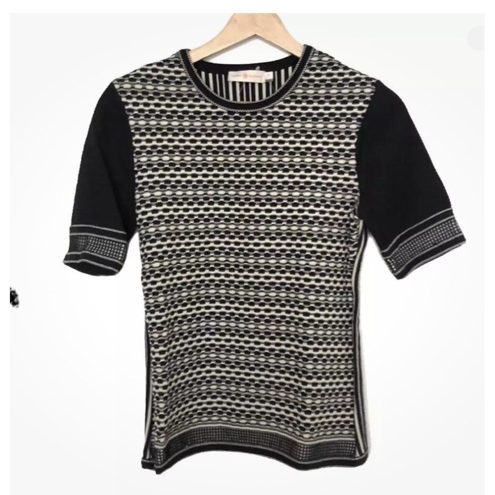 Tory Burch Black/Ivory Cotton Blend Knit Short Sleeve Sweater Detailed Small EUC
